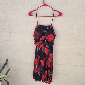 FOREVER 21 Small Vintage 90s Red Black Floral Ruffle Bust Strappy Mesh Dress